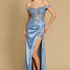 Dusty Blue Embellished Corset Off-Shoulder Formal Gown with High Slit